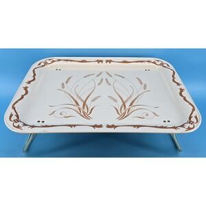 Vtg Metal TV Tray Lap Bed Serving Table Beige & Gold Wheat Design 12.5x17.5x6"